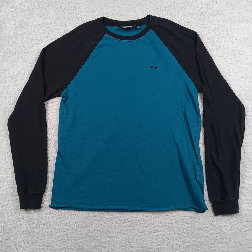 Vans T-Shirt Raglan Long Sleeve Mens L Teal Black Embroidered Logo RN96277